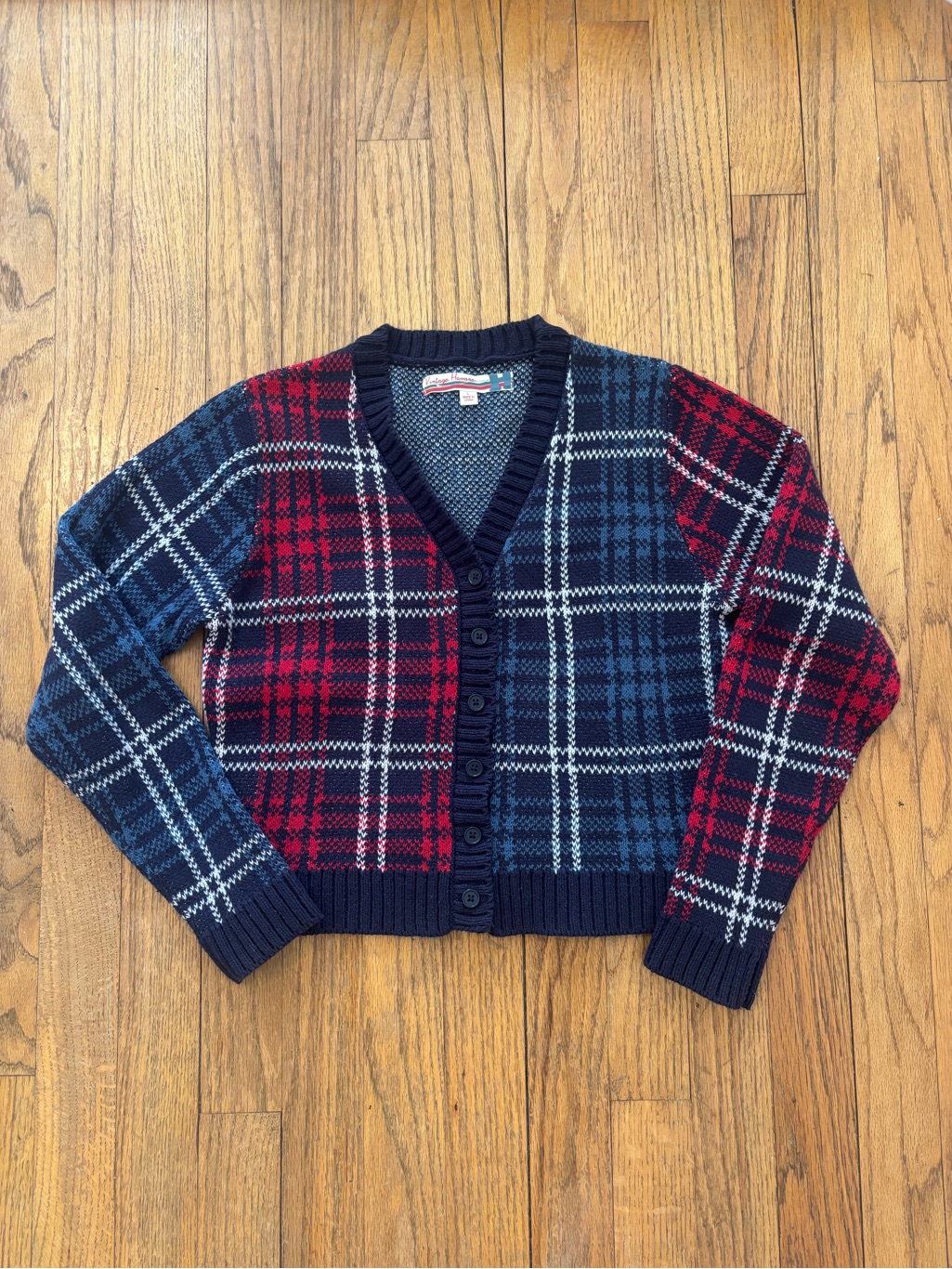 Vintage Havana Navy & Red Plaid Knit V-Neck Cardigan